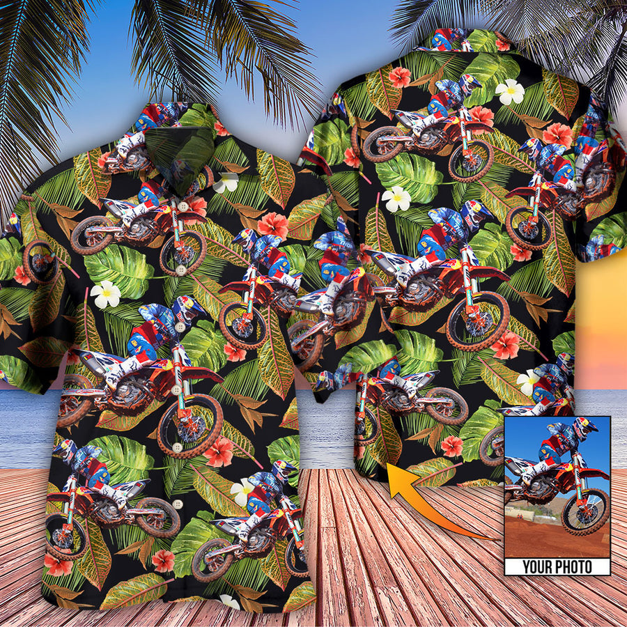 Motocross Tropical Flower Custom Photo – Hawaiian Shirt, Gift For Men, Motocross Hawaiian Shirt