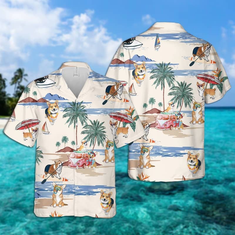 Corgi Summer Beach Hawaiian Shirt, Dog Beach Short Sleeve Hawaiian Shirt