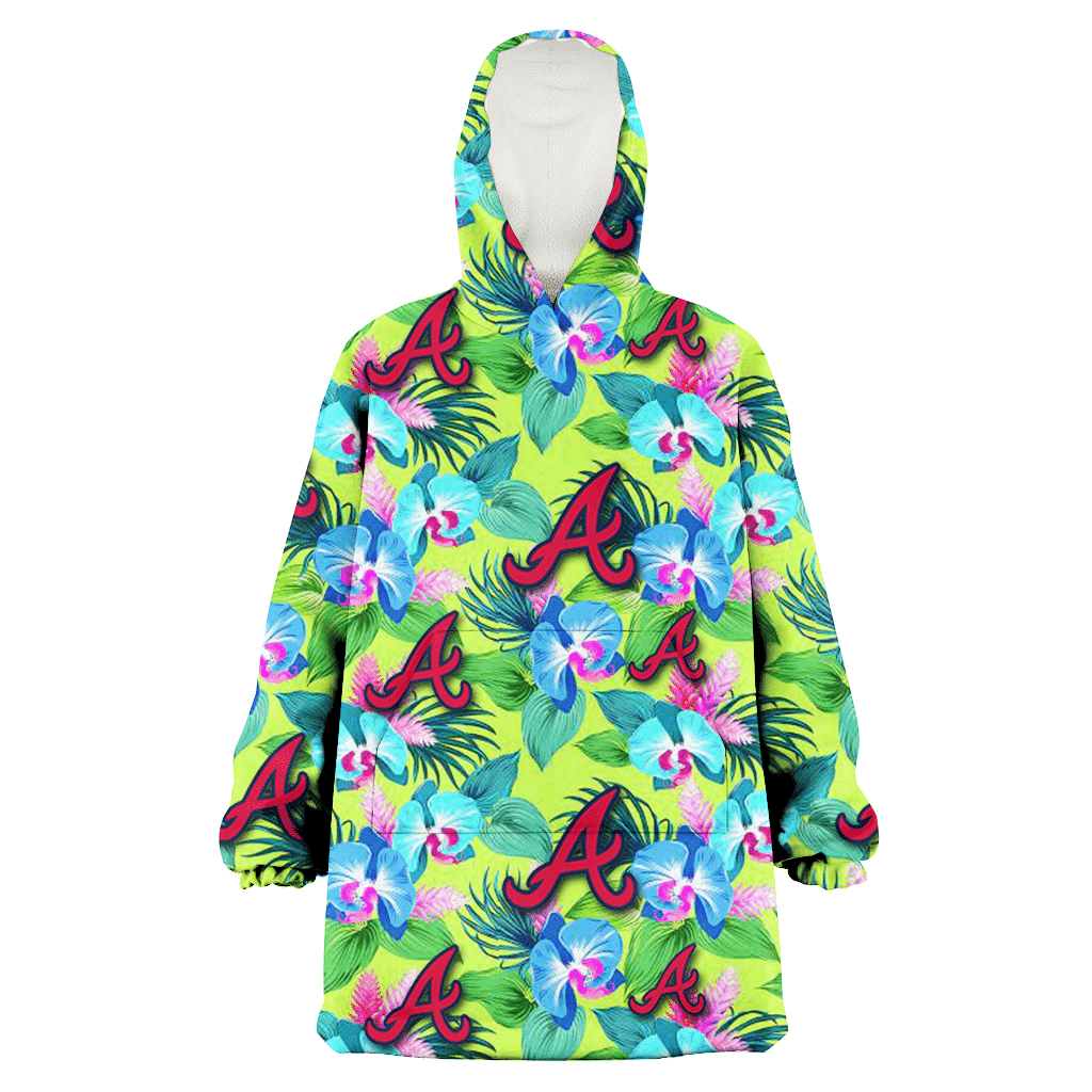 Atlanta Braves Blue Orchid Green Pink Leaf Green Background 3D Printed Hoodie Blanket Snug Hoodie