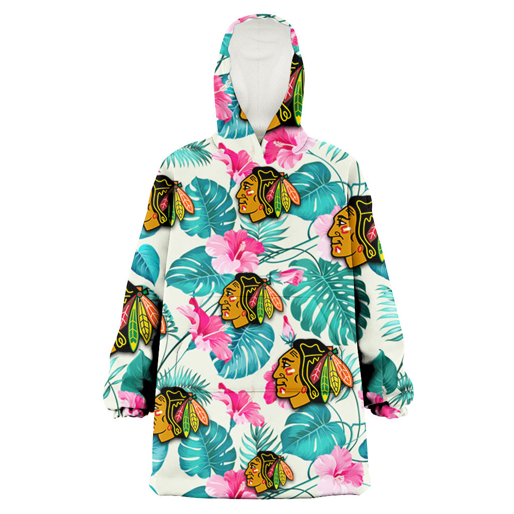 Chicago Blackhawks Pink Hibiscus Green Leaf Beige Background 3D Printed Hoodie Blanket Snug Hoodie