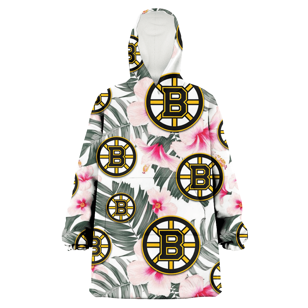 Boston Bruins White Hibiscus Green Leaf White Background 3D Printed Hoodie Blanket Snug Hoodie