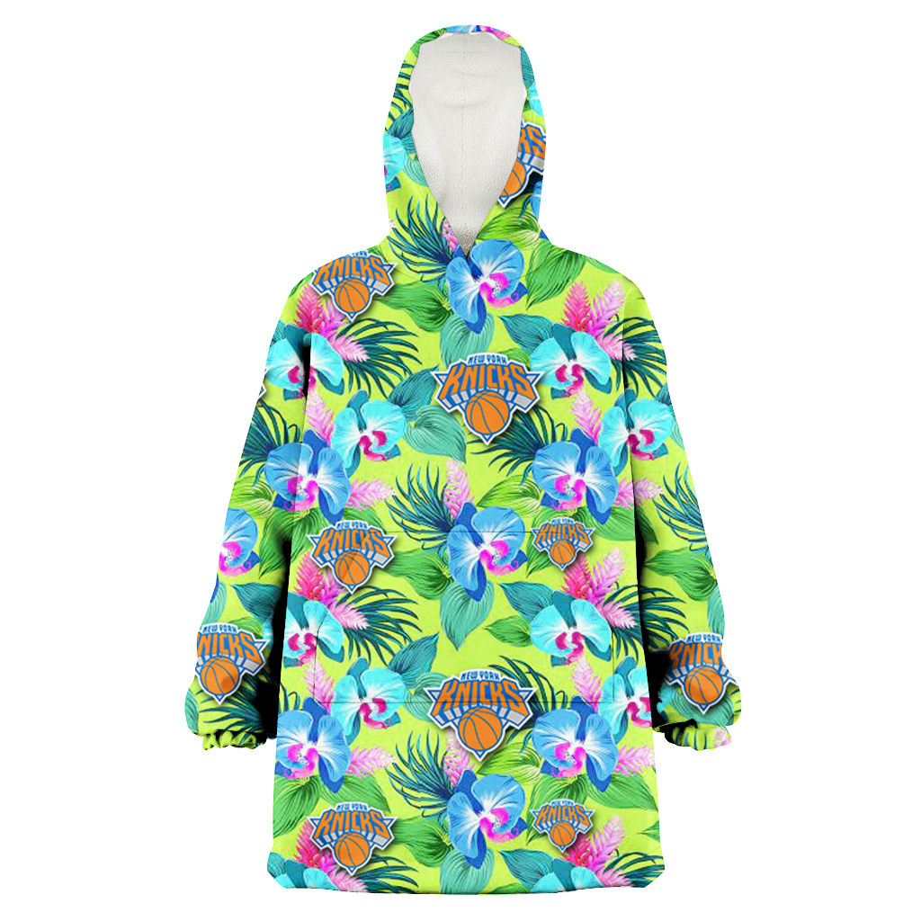 New York Knicks Blue Orchid Green Pink Leaf Green Background 3D Printed Hoodie Blanket Snug Hoodie