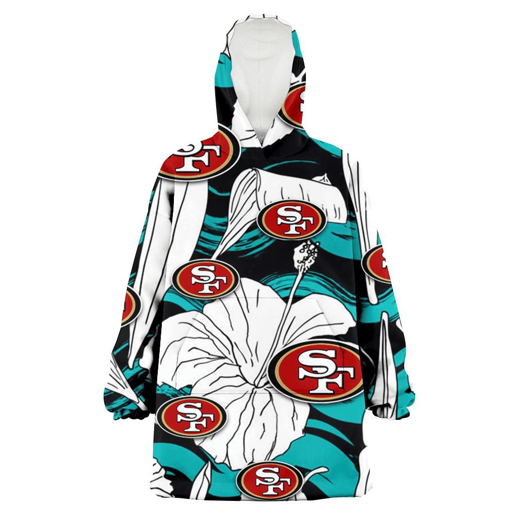 San Francisco 49ers White Hibiscus Turquoise Wave Black Background 3D Printed Hoodie Blanket Snug Hoodie