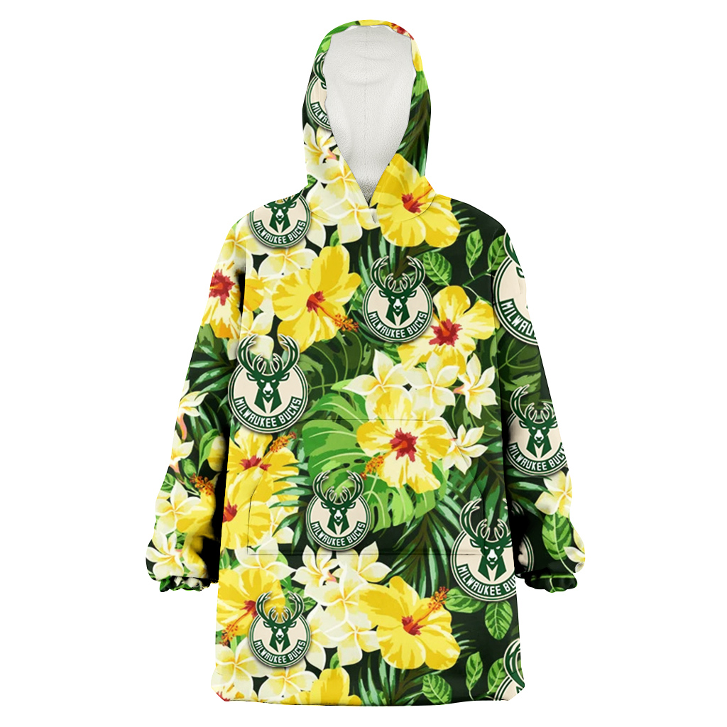 Milwaukee Bucks Yellow Hibiscus Tropical Green Leaf Black Background 3D Printed Hoodie Blanket Snug Hoodie