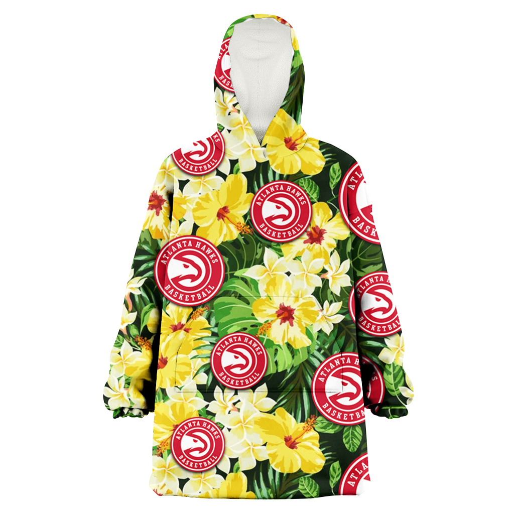 Atlanta Hawks Yellow Hibiscus Tropical Green Leaf Black Background 3D Printed Hoodie Blanket Snug Hoodie