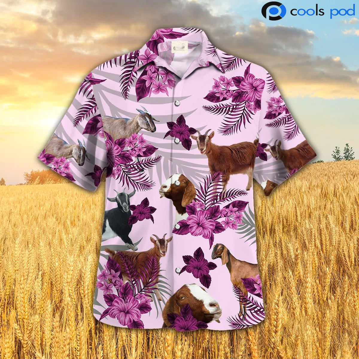 Goat Hibiscus Pattern Pink Hawaiian Shirt, Goat Hawaiian Shirt, Gift For Goat Lovers