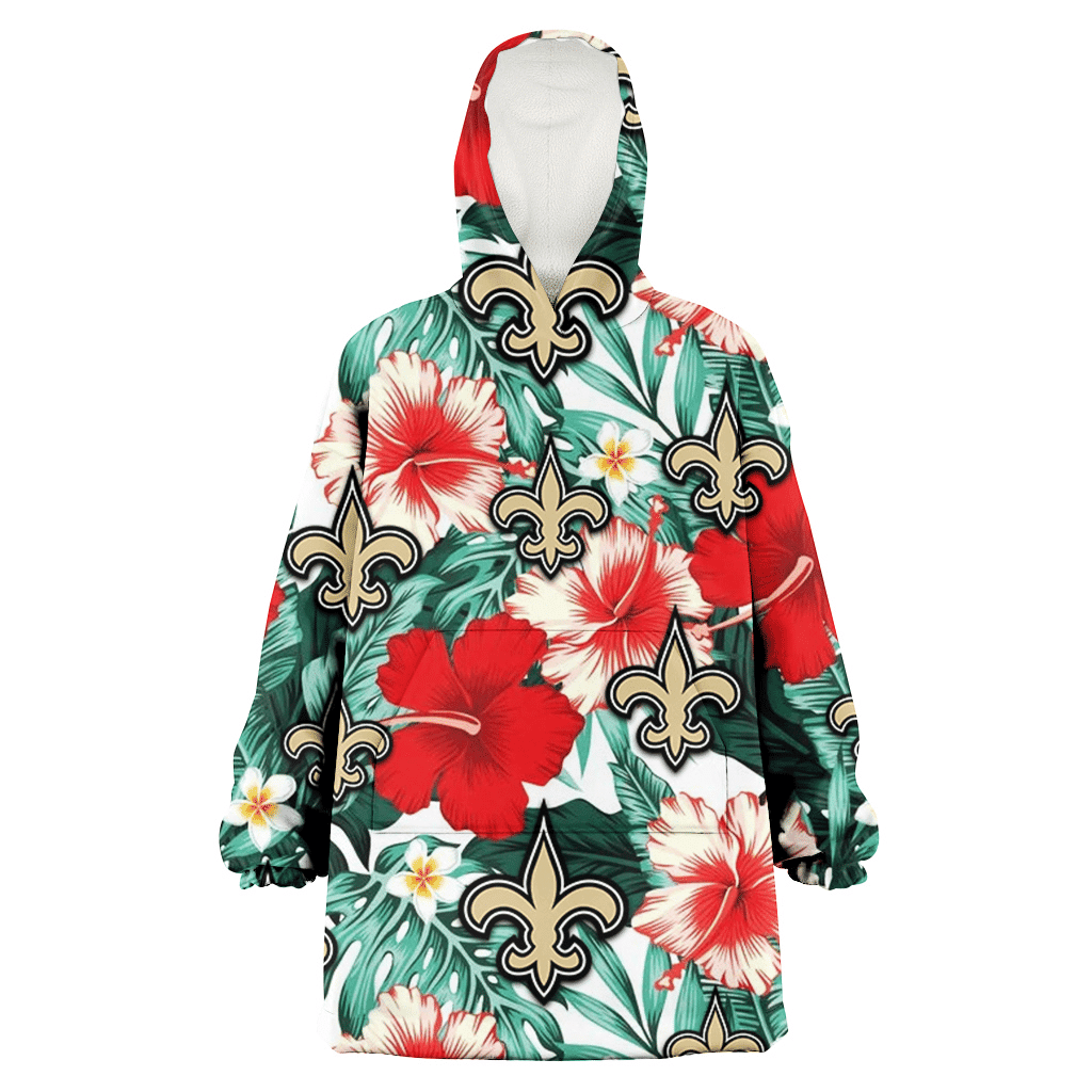 New Orleans Saints Red Coral Hibiscus White Porcelain Flower Banana Leaf 3D Printed Hoodie Blanket Snug Hoodie