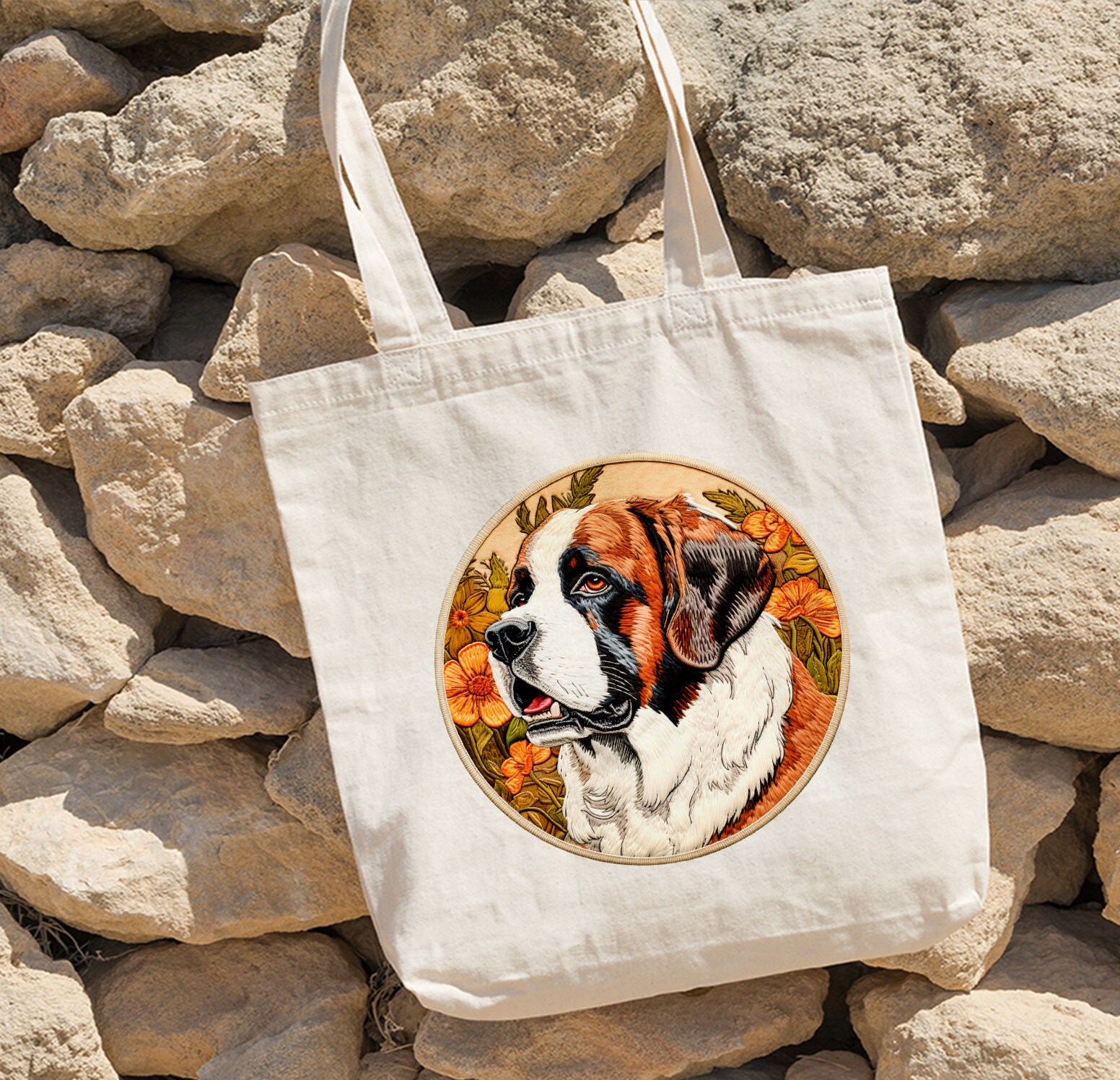 Flower St. Bernard Tote Bag, Floral St. Bernard Tote, Saint Bernard Tote Bag,Aesthetic Dog Tote Bag,Dog Art Cotton Tote Bag,Dog Mom Tote Bag