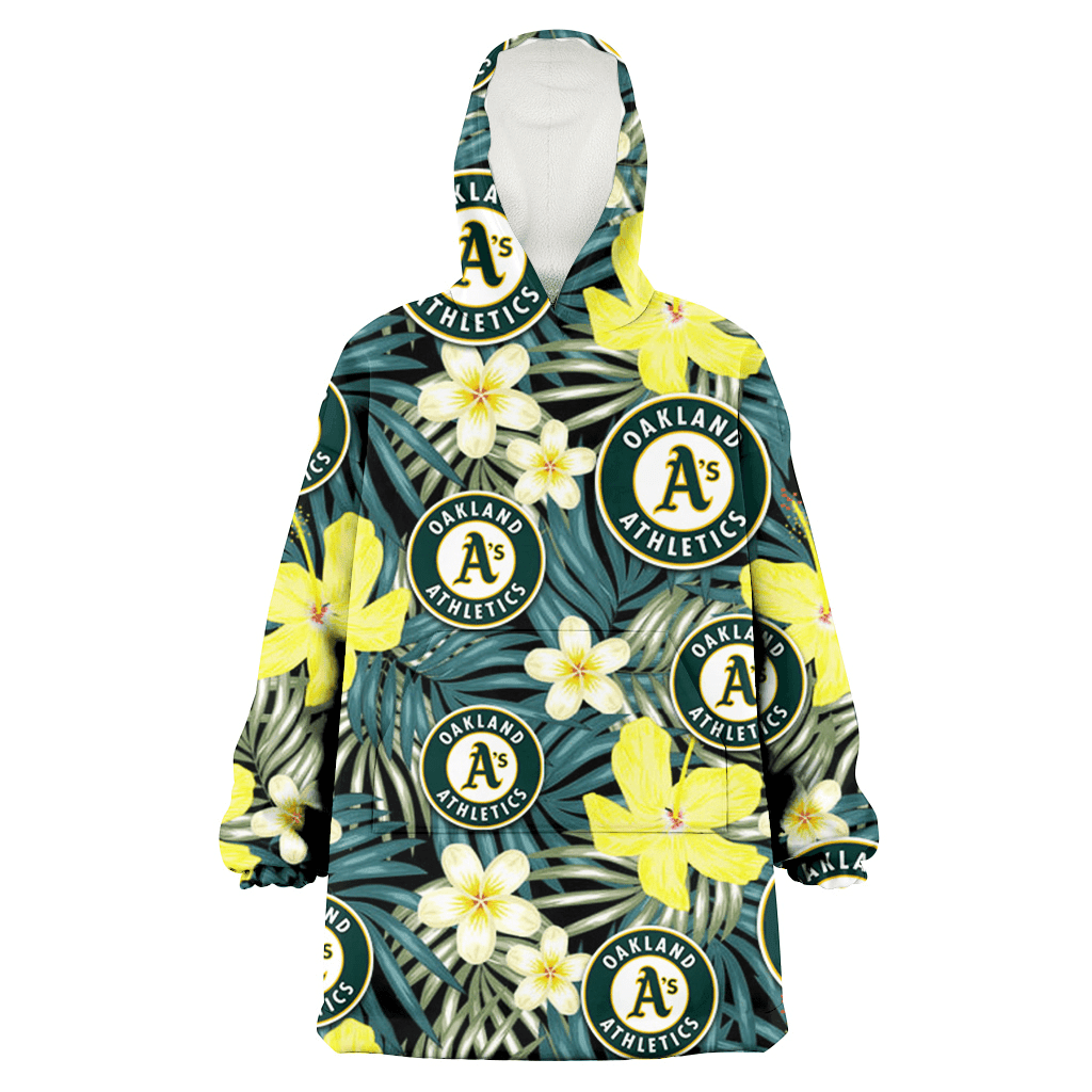 Oakland Athletics Hibiscus Green Palm Leaf Black Background 3D Printed Hoodie Blanket Snug Hoodie