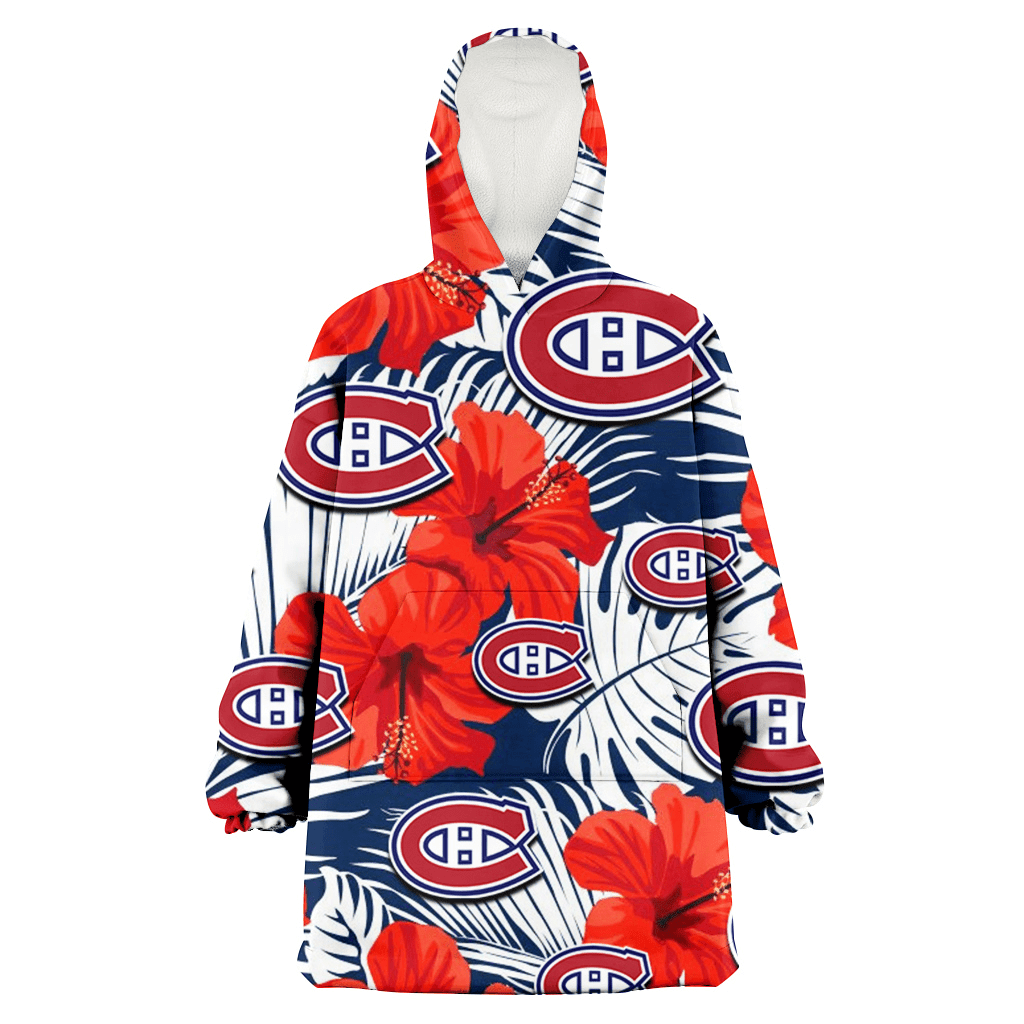 Montreal Canadiens White Tropical Leaf Red Hibiscus Navy Background 3D Printed Hoodie Blanket Snug Hoodie