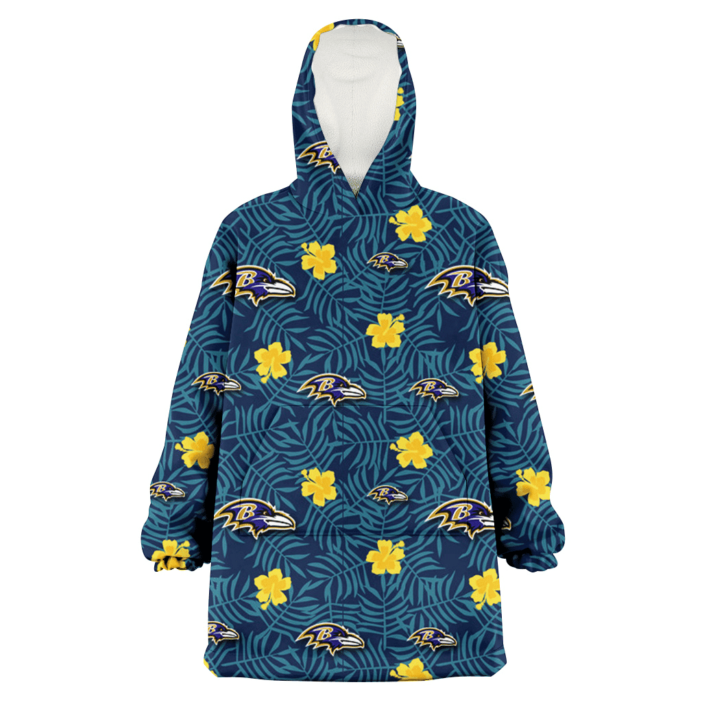 Baltimore Ravens Yellow Hibiscus Cadet Blue Leaf Navy Background 3D Printed Hoodie Blanket Snug Hoodie