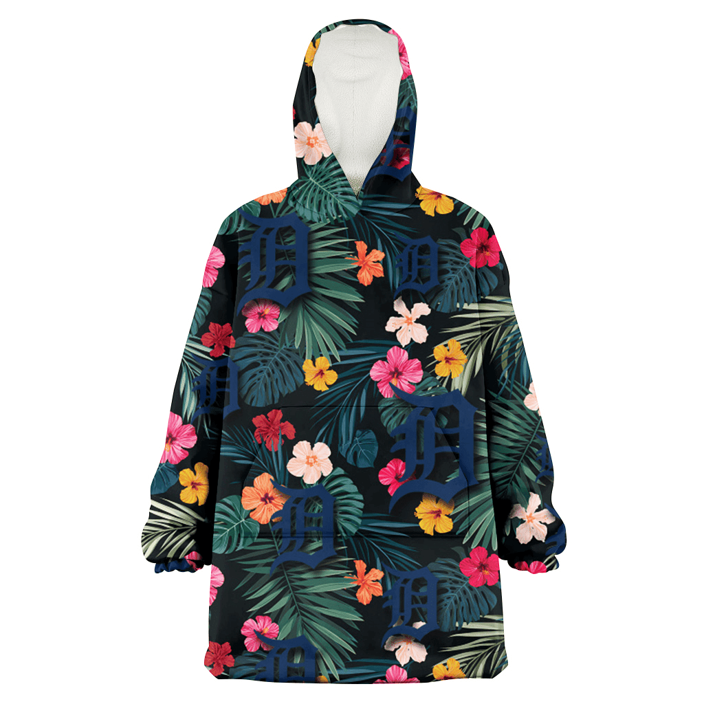 Detroit Tigers Pink Yellow Orange Hibiscus Big Tropical Leaf Black Background 3D Printed Hoodie Blanket Snug Hoodie
