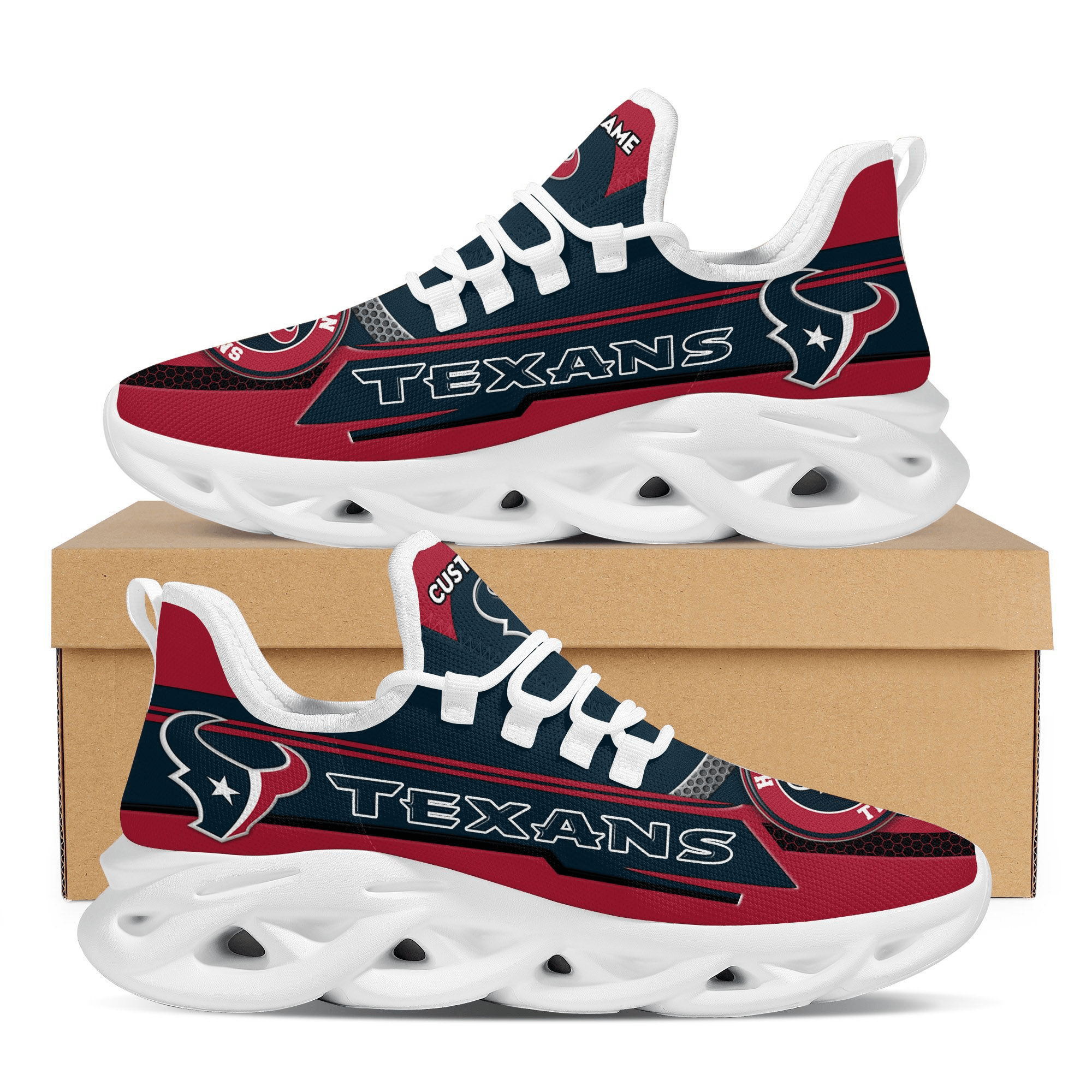 Houston Texansfootball Team Symbol Geometric Pattern Custom Name Personalized 3D All Over Print Max Soul Sneakers For Men And Women MS7542