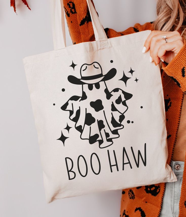 Boo Haw Tote Bag, Boo Haw Ghost Tote Bag, Halloween Tote Bag, Ghost Tote Bag, Cowgirl Ghost Bag, Spooky Season Bag, Cowboy Ghost Tote Bag, Best Tote Bags Ideas, Cute Tote Bags Ideas, Tote Bag Design Ideas, Girls Tote Bag, Best Canvas Tote Bags Ideas