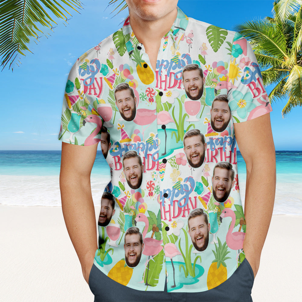 Custom Happy Birthday Hawaiian Shirt Flamingo Party Personalized Face Shirt