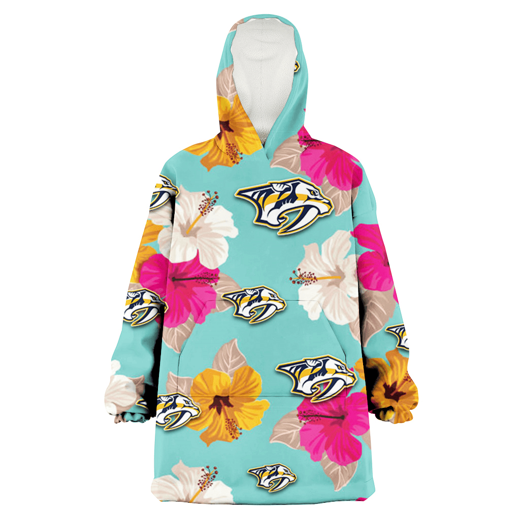 Nashville Predators Pink Yellow White Hibiscus Turquoise Background 3D Printed Hoodie Blanket Snug Hoodie