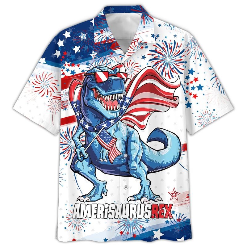 3D All Over Printed 4Th Of July Hawaiian Shirt, Amerisaurusrex Hawaii Beach Shirt, Saurus Usa Hawaiian Shirt