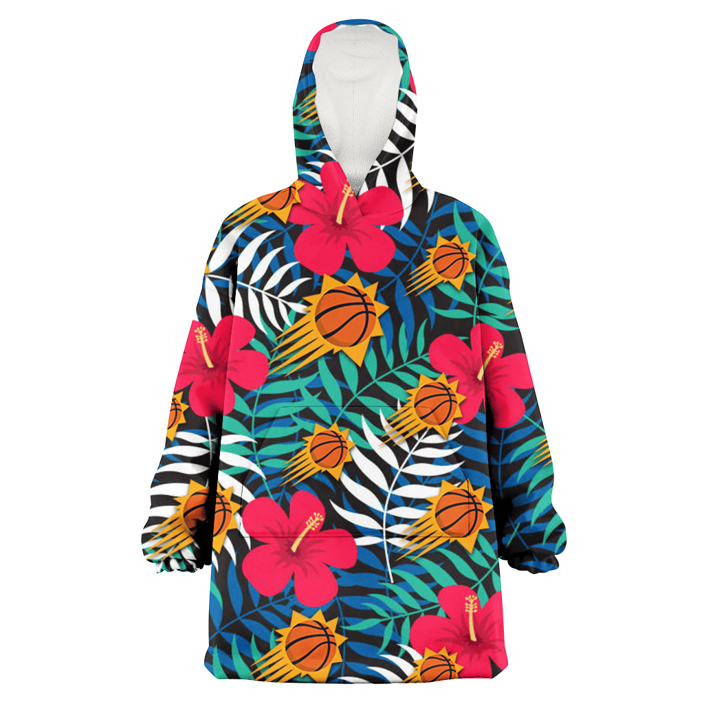 Phoenix Suns Red Hibiscus Green Blue White Leaf Black Background 3D Printed Hoodie Blanket Snug Hoodie