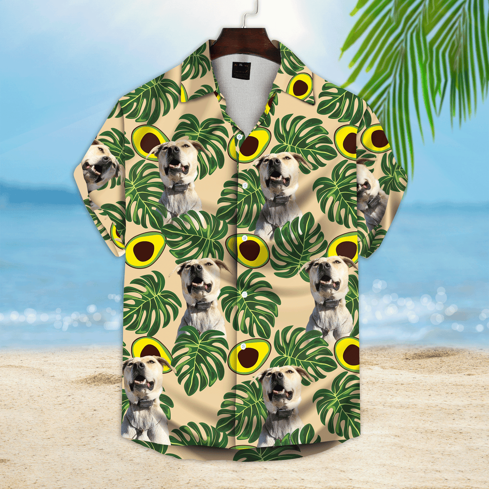 Custom Avocado & Leaves Pattern Short-Sleeve Hawaiian Shirt, Lemon Zest Color Shirt, Summer Gift For Dog Lover