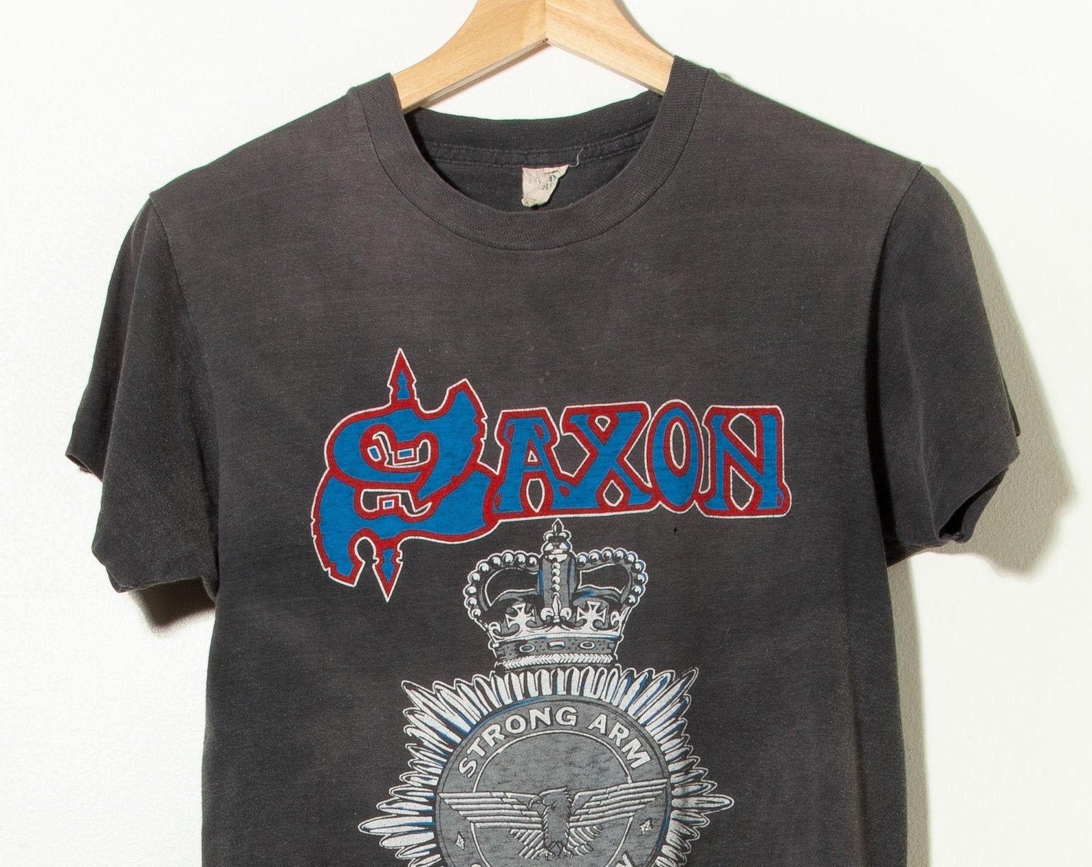 1980S Vintage Saxon Strong Arm Of The Law T-Shirt Distressed Single Stitch Sun Faded Screen Stars Made In Usa Worn To Perfection 1980