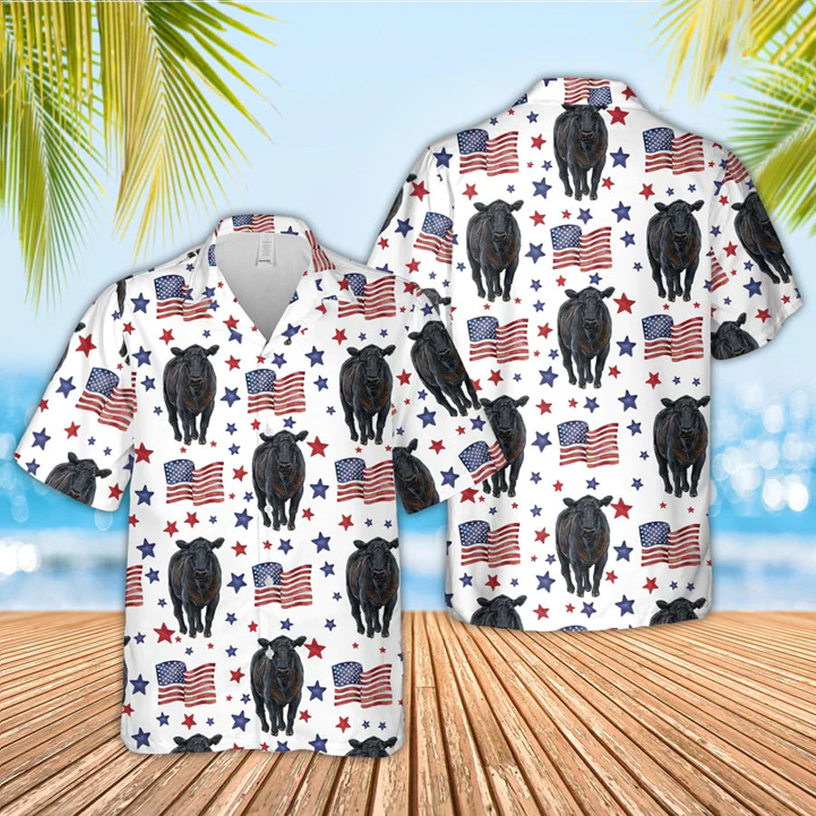 Black Angus American Flag Pattern Hawaiian Shirt, Funny Cow Hawaiian Shirt, 4Th Of July Hawaiian Shirt