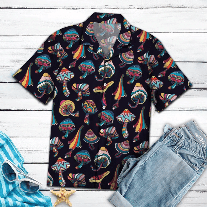 Colorful Mushroom In Black Background Hawaiian Shirt