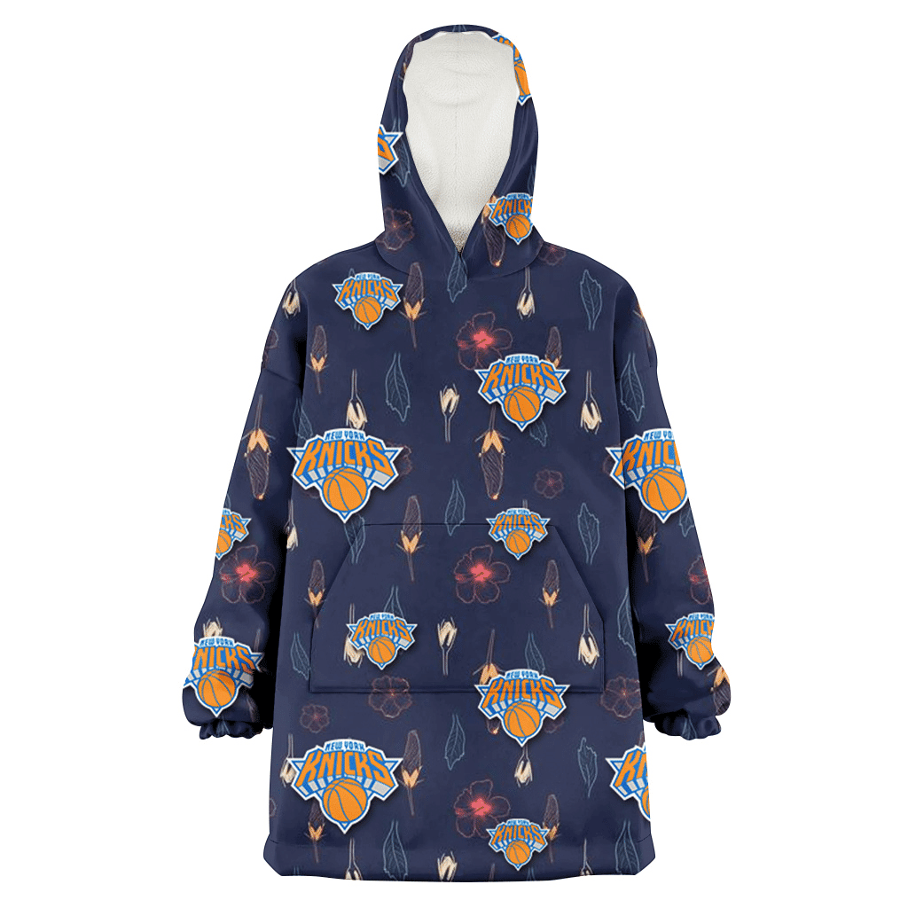 New York Knicks Small Hibiscus Buds Navy Background 3D Printed Hoodie Blanket Snug Hoodie