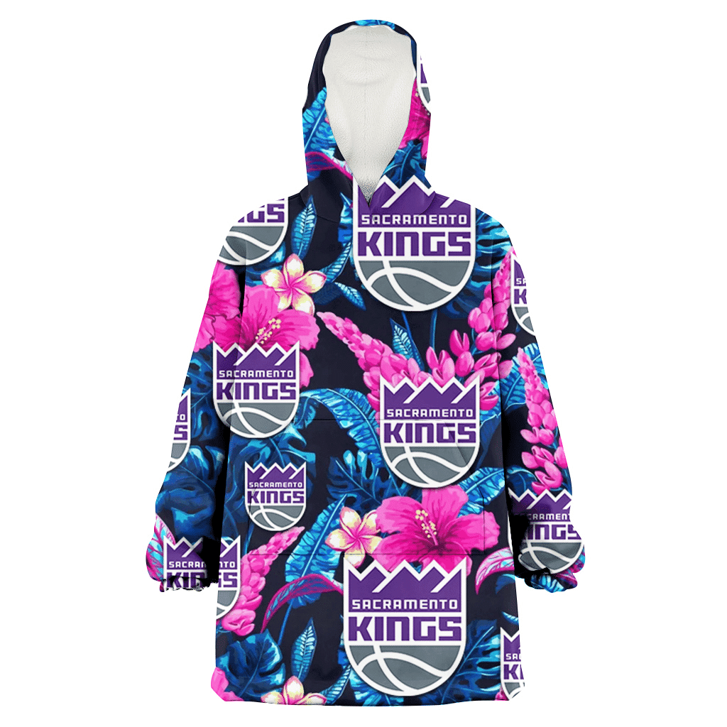 Sacramento Kings Violet Red Hibiscus Blue Leaf Black Background 3D Printed Hoodie Blanket Snug Hoodie