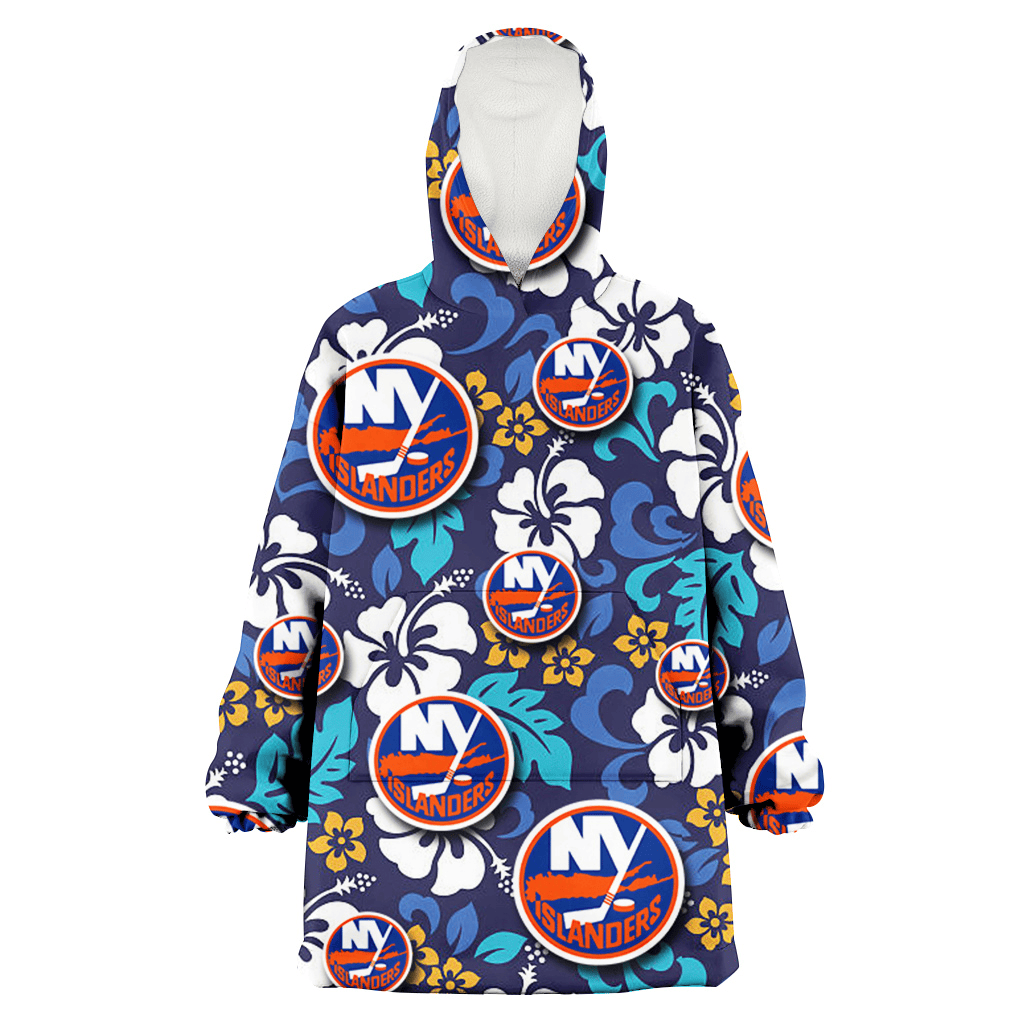 New York Islanders White Hibiscus Ceramic Style Navy Background 3D Printed Hoodie Blanket Snug Hoodie