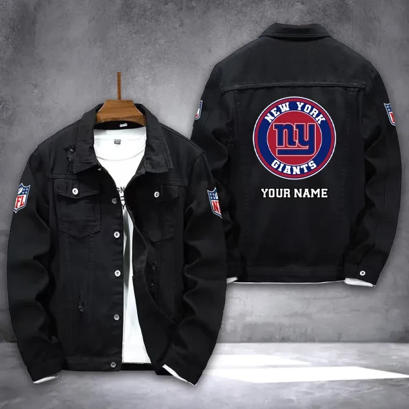 New York Giants NFL Team Name Personalized Back Logo Black Denim Jacket