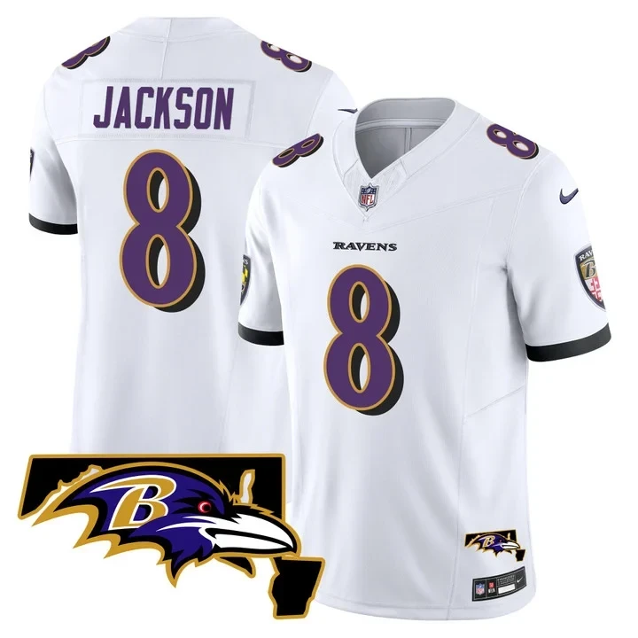 Baltimore Ravens Lamar Jackson Maryland Patch White Jersey – All Stitched