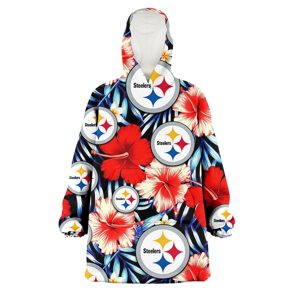 Pittsburgh Steelers Coral Red Hibiscus Blue Palm Leaf Black Background 3D Printed Hoodie Blanket Snug Hoodie