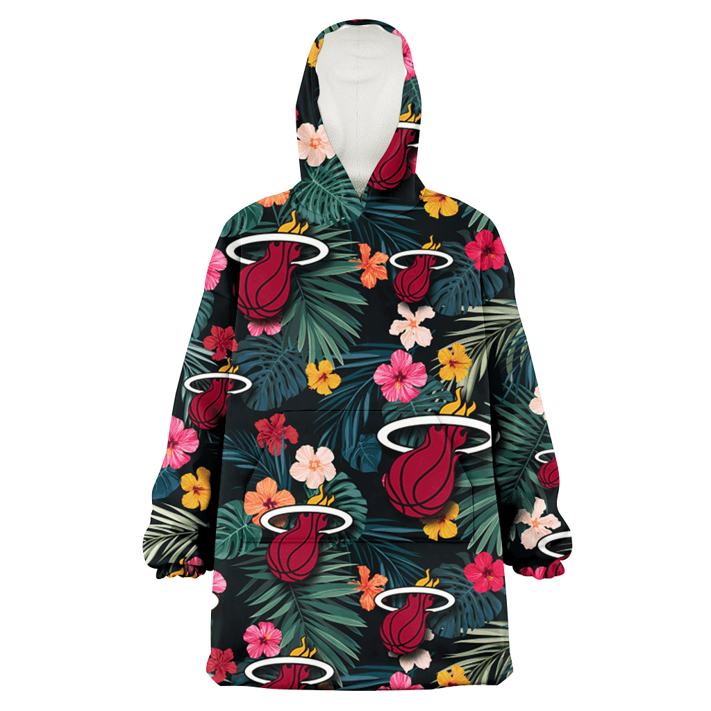 Miami Heat Pink Yellow Orange Hibiscus Big Tropical Leaf Black Background 3D Printed Hoodie Blanket Snug Hoodie