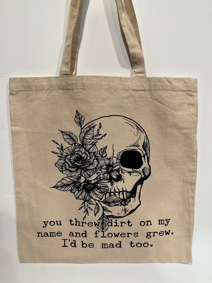 Threw Dirt On My Name Skull Flower Tote Bag – Tan Canvas Market Tote Book Bag- Gift for Friends Family Reusable Environmentally friendly, Best Tote Bags Ideas, Cute Tote Bags Ideas, Tote Bag Design Ideas, Girls Tote Bag, Best Canvas Tote Bags Ideas