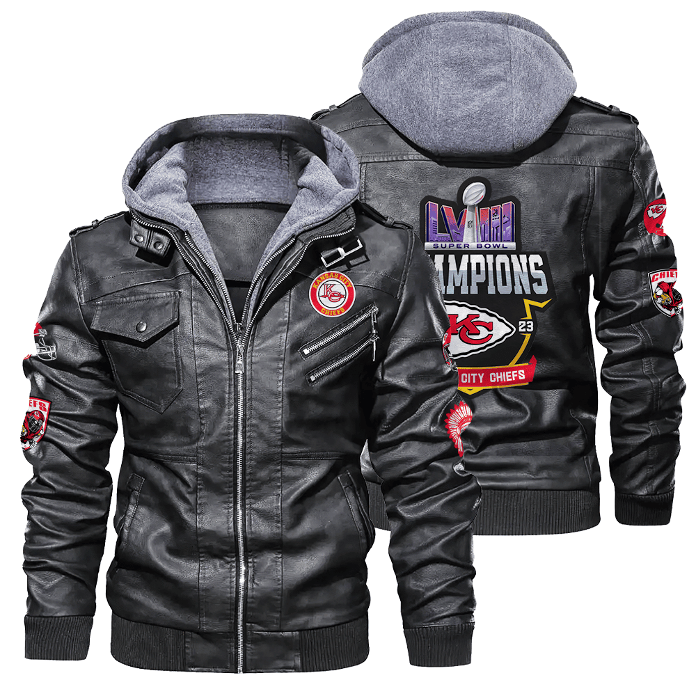 Kansas City Chiefs NFL Super Bowl LVIII Unisex Zip Black Leather Jacket With Hood