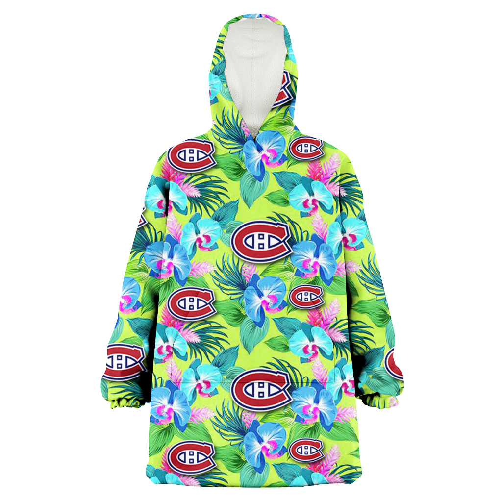 Montreal Canadiens Blue Orchid Green Pink Leaf Green Background 3D Printed Hoodie Blanket Snug Hoodie