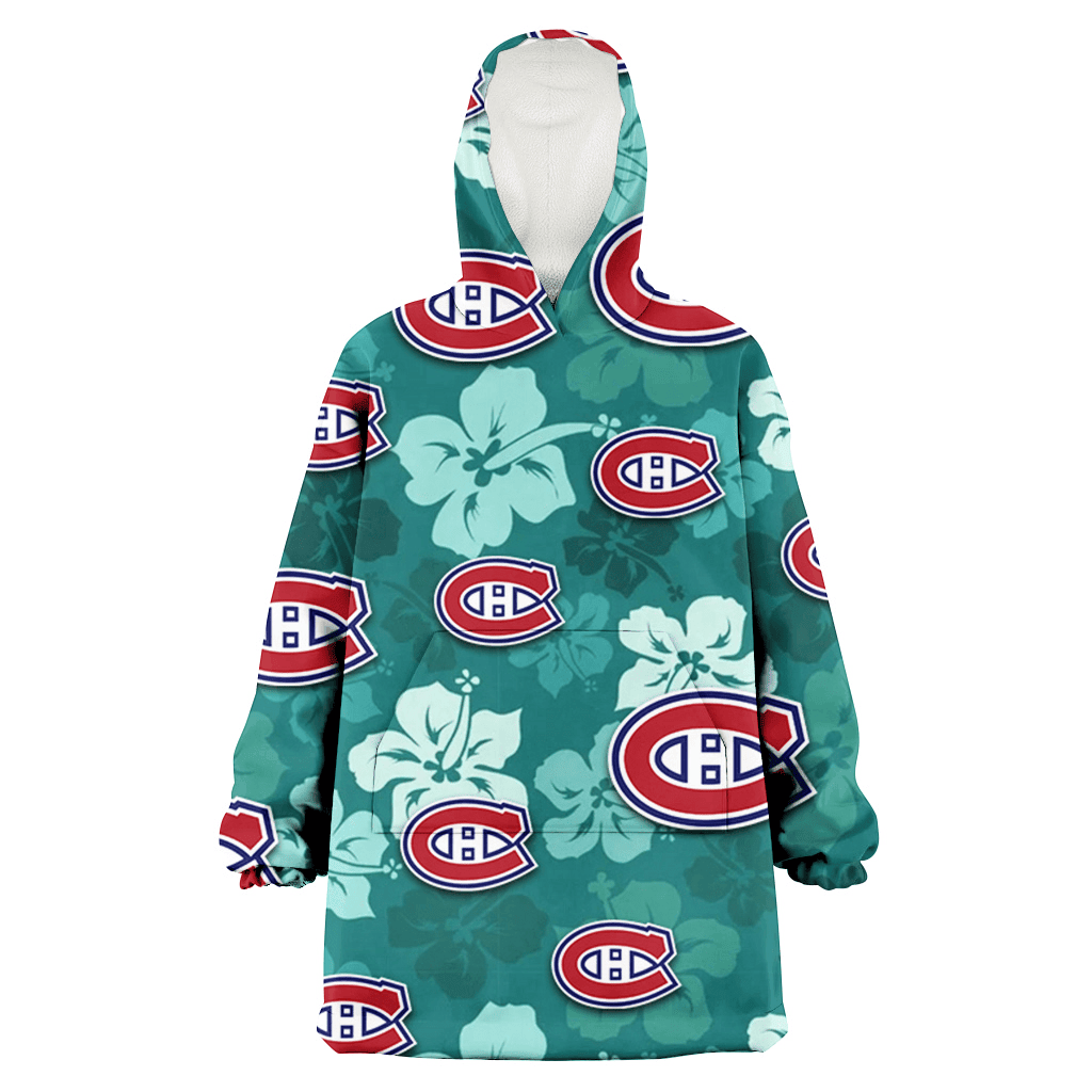 Montreal Canadiens Light Sea Green Hibiscus Green Background 3D Printed Hoodie Blanket Snug Hoodie