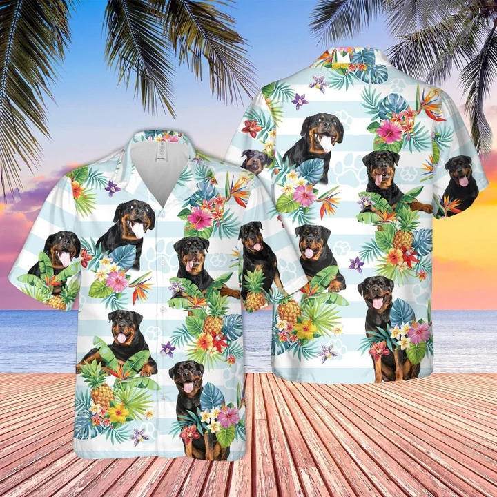 Rottweiler Hawaiian Shirt, Dog Tropical Flower Blue And White Striped Hawaiian Shirt