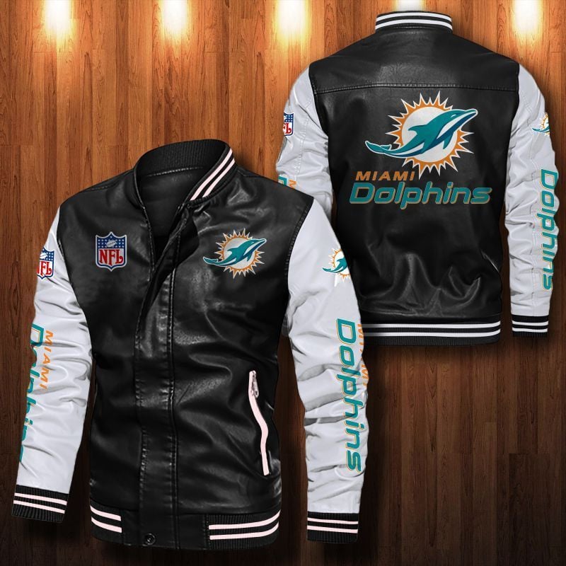 Miami Dolphins Leather Varsity Jacket Bomber Coat