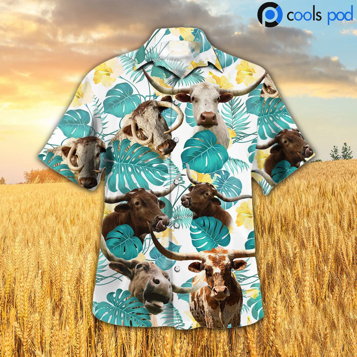 Texas Longhorn In Tropical Leaves Pattern Hawaiian Shirt