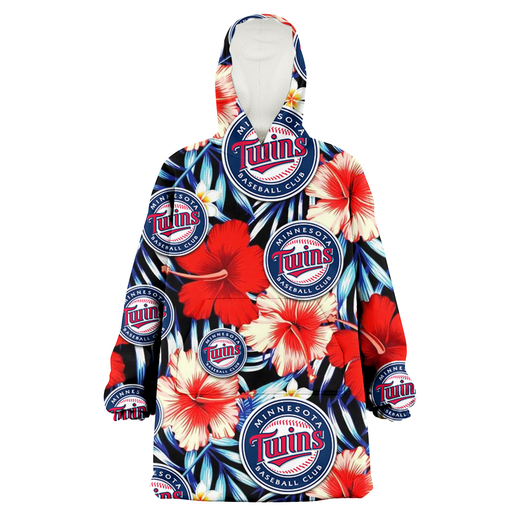 Minnesota Twins Coral Red Hibiscus Blue Palm Leaf Black Background 3D Printed Hoodie Blanket Snug Hoodie