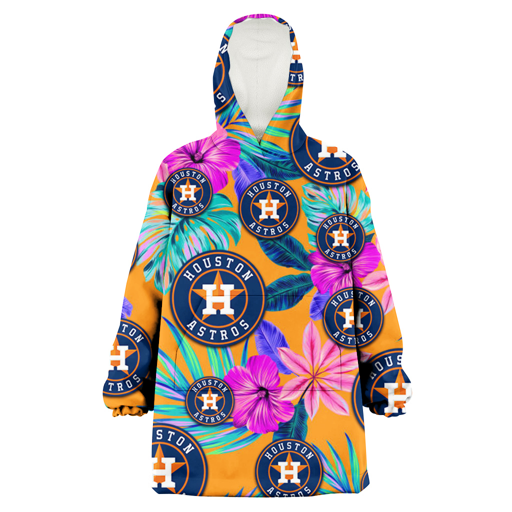Houston Astros Purple Hibiscus Neon Leaf Orange Background 3D Printed Hoodie Blanket Snug Hoodie