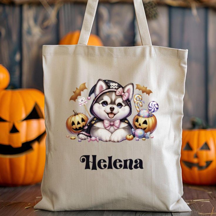 Personalized Trick or Treat Bag, Custom Husky Halloween Bag, Halloween Tote, Kids Halloween Bag with Name, Custom Trick-or-Treat Bags, Best Tote Bags Ideas, Cute Tote Bags Ideas, Tote Bag Design Ideas, Girls Tote Bag, Best Canvas Tote Bags Ideas