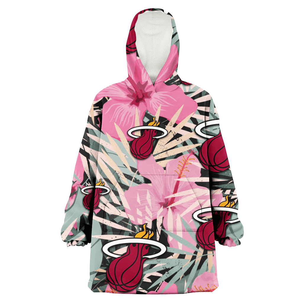 Miami Heat Light Pink Hibiscus Pale Green Leaf Black Background 3D Printed Hoodie Blanket Snug Hoodie