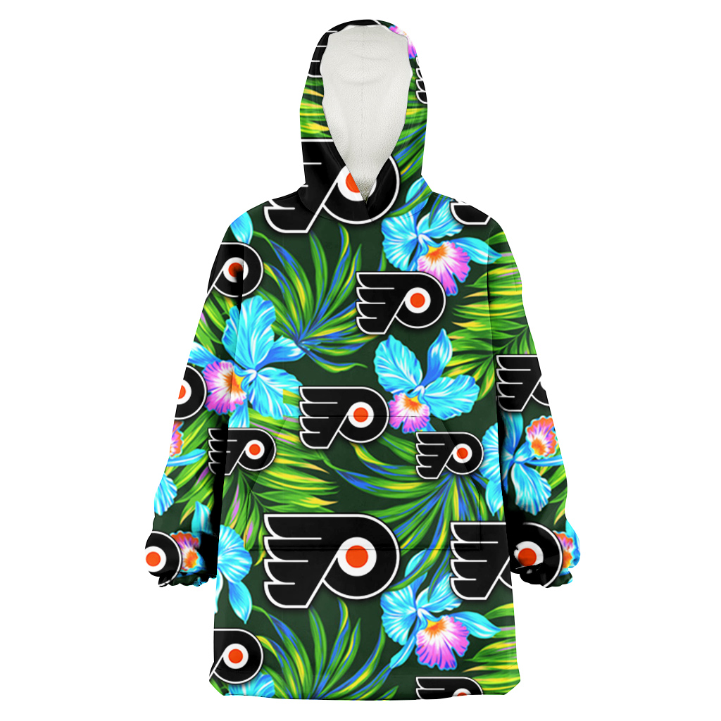 Philadelphia Flyers Electro Color Hibiscus Black Background 3D Printed Hoodie Blanket Snug Hoodie