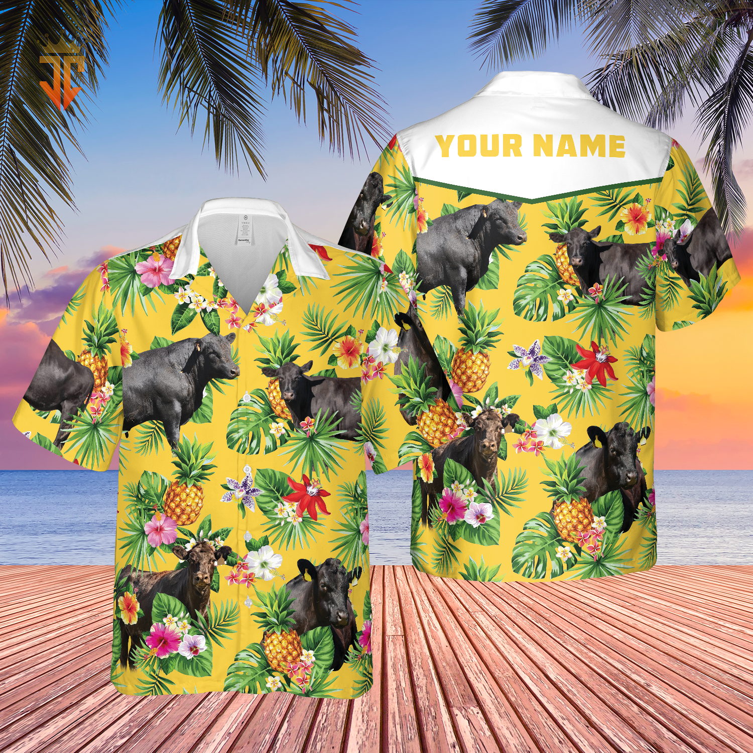 Personalized Name Black Angus Cattle Pineapples All Over Printed 3D Hawaiian Shirt