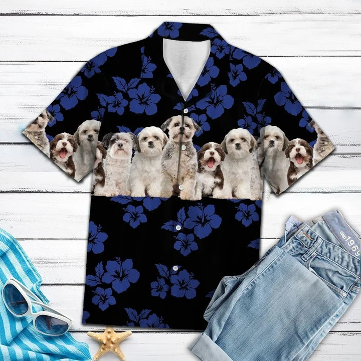 Shih Tzu Hawaiian Shirt, Dog Hawaiian Shirt, Tropical Hibiscus On Black Pattern Hawaiian Shirt