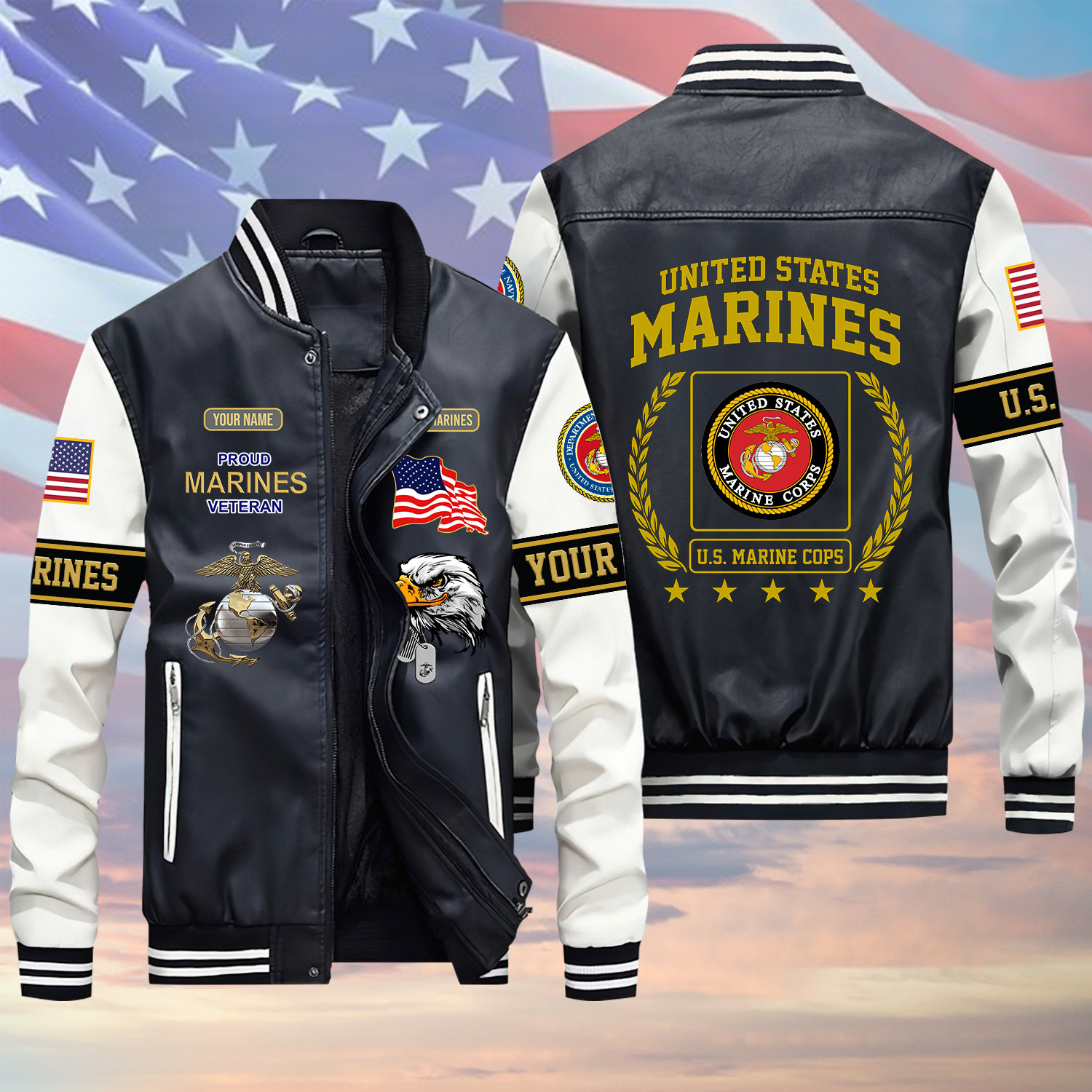 U.S Marine Veteran Proud Green Winter Gear Leather Bomber Leterman Varsity Jacket