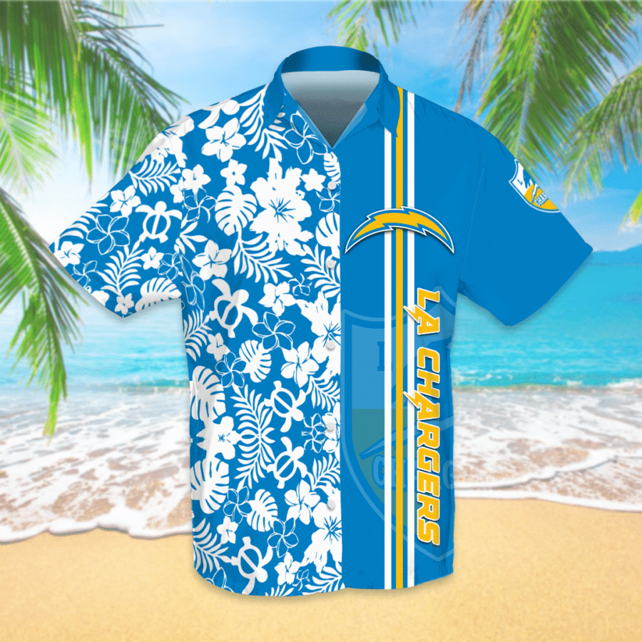 Los Angeles Chargers All Over Print 3D Flowery Short Sleeve Dress Shirt Hawaiian Summer Aloha Beach Shirt - Blue Los Angeles x TheTeeHub Fashion