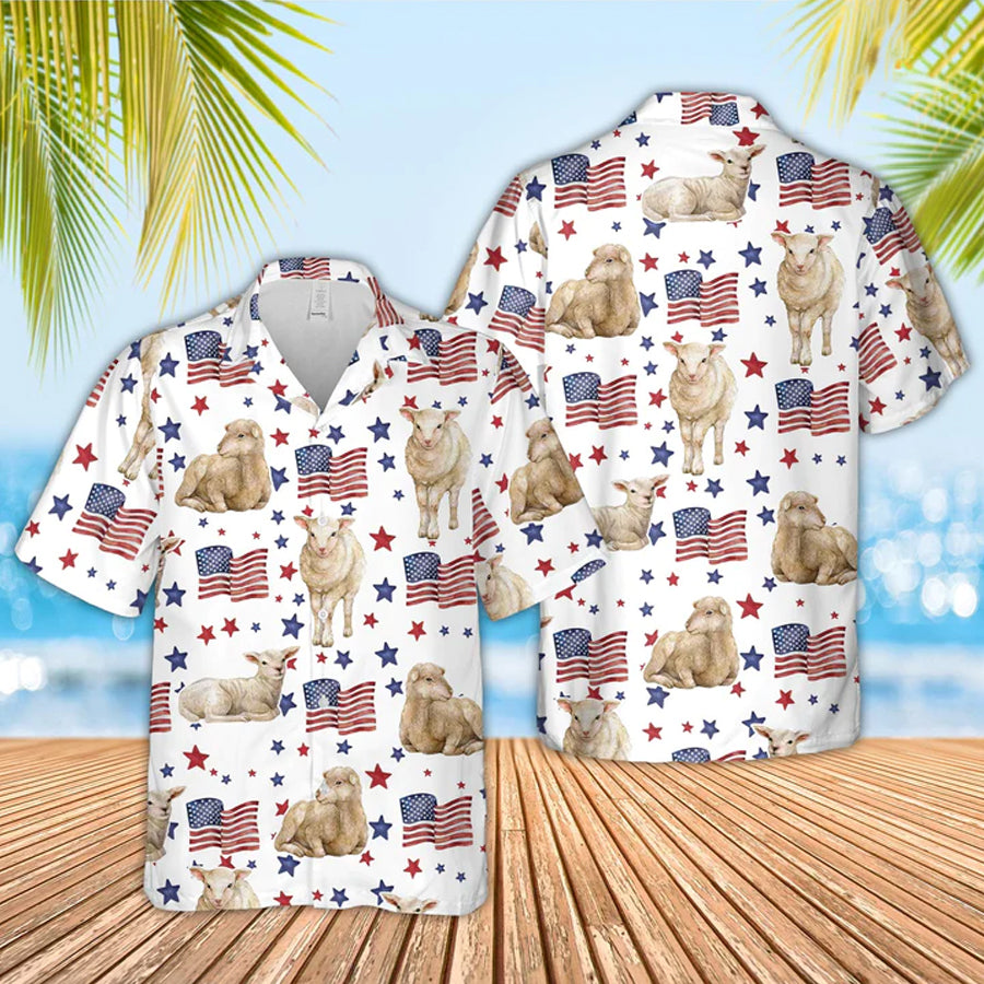 Sheep American Flag Pattern Hawaiian Shirt, Funny Sheep Hawaiian Shirt, 4Th Of July Hawaiian Shirt